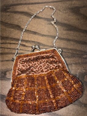 Bijoux Terner Brown Beaded Kisslock Clutch Purse w/ Chain Strap Vintage